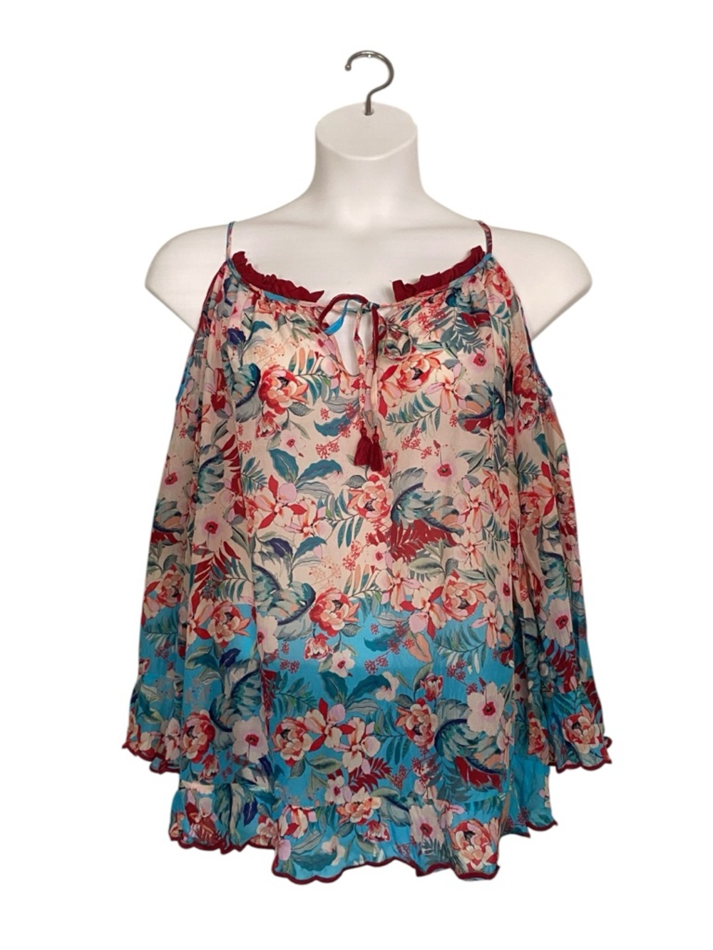 Johnny Was Floral Cold Shoulder Tassel Tie Blouse Blue Red Womens Size Medium